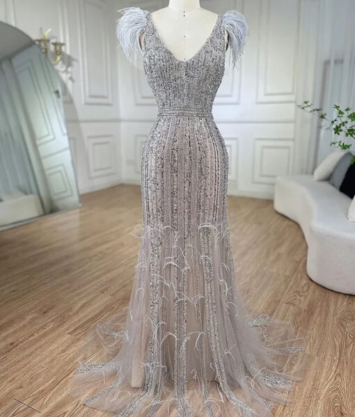Luxury Sequin Embellished Evening Dress With Feather Sleeve