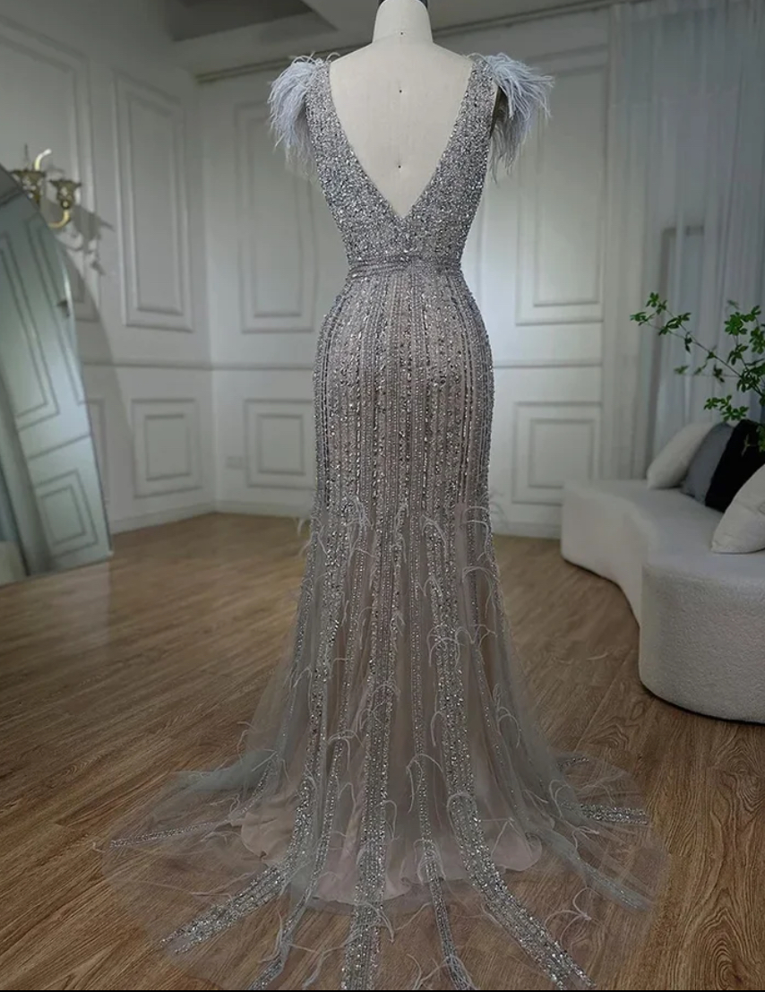 Luxury Sequin Embellished Evening Dress With Feather Sleeve - Evening ...