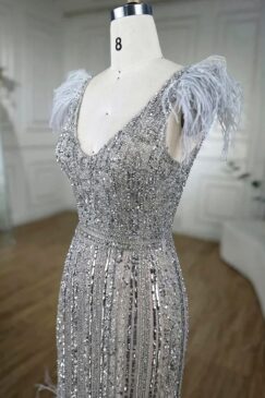 Alternative view of Luxury Sequin Embellished Evening Dress With Feather Sleeve