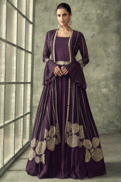 Purple Floor Length Jacket Style Anarkali Gown