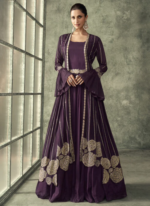Purple Floor Length Jacket Style Anarkali Gown