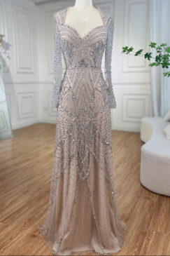 Modest Long Sleeve Sequin Embellished Evening Dress