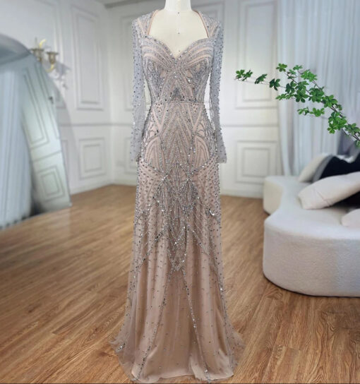 Modest Long Sleeve Sequin Embellished Evening Dress