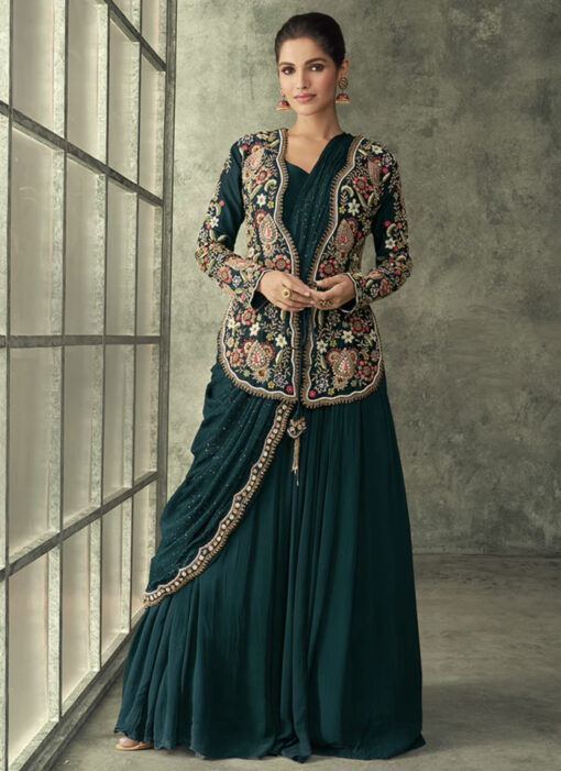 Green Embroidered Saree Gown With Jacket