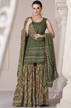 Green Silk Embroidered Traditional Sharara Suit