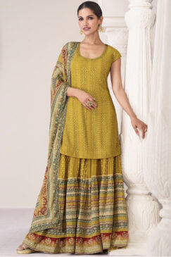 Yellow Silk Embroidered Traditional Sharara Suit