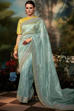Sky Blue Tissue Silk Wedding Saree
