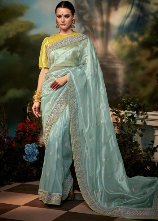 Sky Blue Tissue Silk Wedding Saree