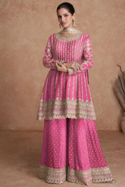 Pink Chinon Embroidered Palazzo Suit