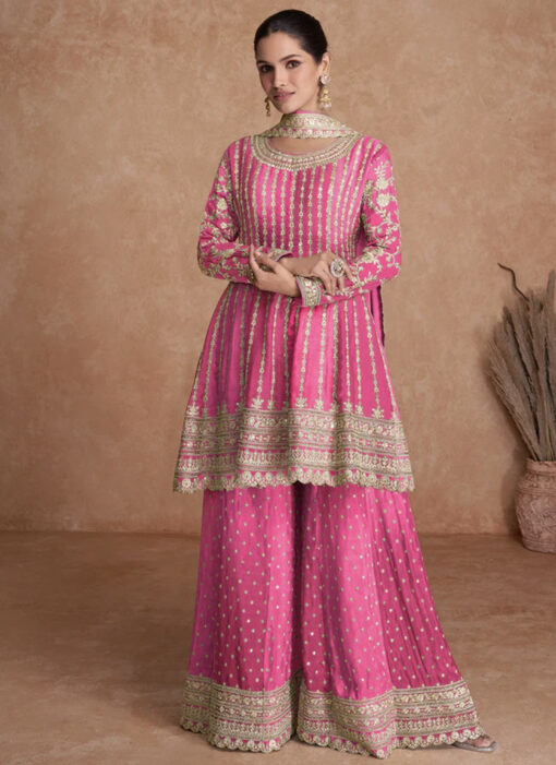 Pink Chinon Embroidered Palazzo Suit