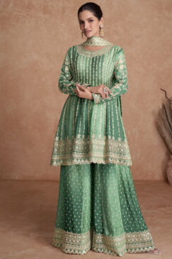 Green Chinon Embroidered Palazzo Suit