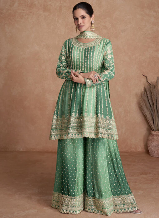 Green Chinon Embroidered Palazzo Suit
