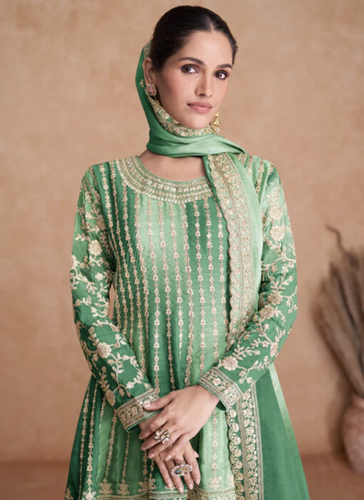 Green Real Chinnon Embroidered Wedding Festive Palazzo Suit