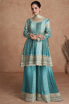 Blue Chinon Embroidered Palazzo Suit