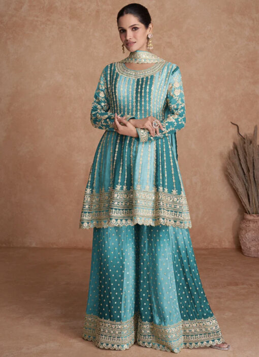 Blue Chinon Embroidered Palazzo Suit