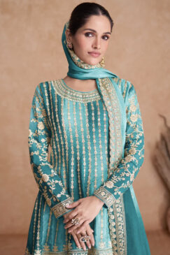 Alternative view of Blue Chinon Embroidered Palazzo Suit