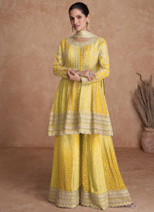 Yellow Chinon Embroidered Palazzo Suit