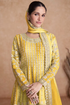 Alternative view of Yellow Chinon Embroidered Palazzo Suit