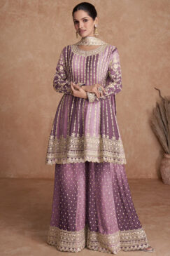 Purple Chinon Embroidered Palazzo Suit