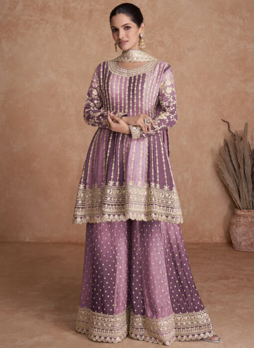 Purple Chinon Embroidered Palazzo Suit