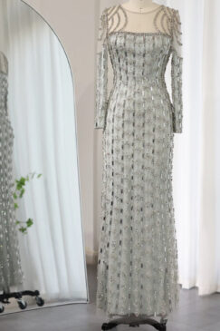 Modest Long Sleeve Sequin Embellished Evening Bridal Party Dress