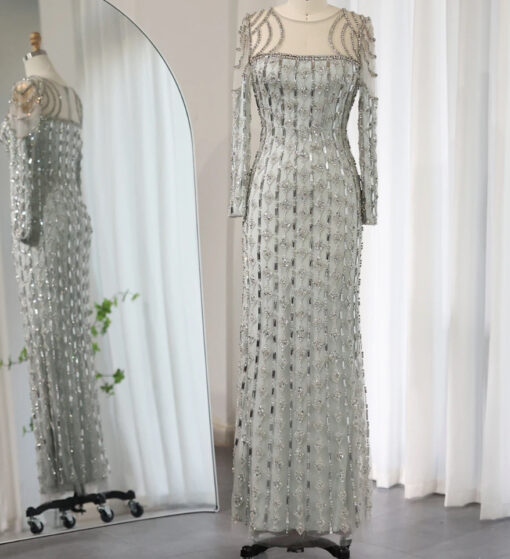 Modest Long Sleeve Sequin Embellished Evening Bridal Party Dress