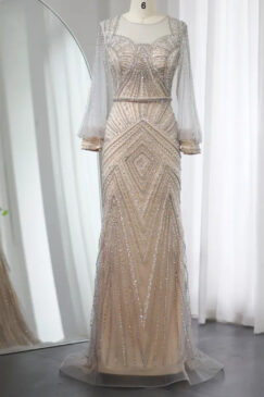 Elegant Long Sleeve Sequin Embellished Evening Bridal Party Dress