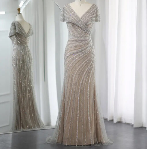 Elegant Cap Sleeve Sequin Embellished Evening Bridal Party Dress