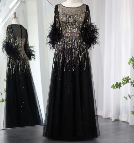 Luxury Feather Sleeve Sequin Embellished Evening A-line Arabic Bridal Party Dress