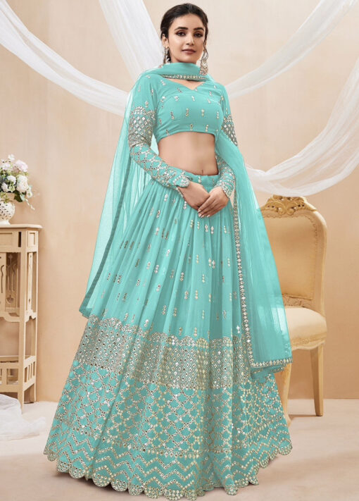 Sky Blue Georgette Embellished Lehenga Choli
