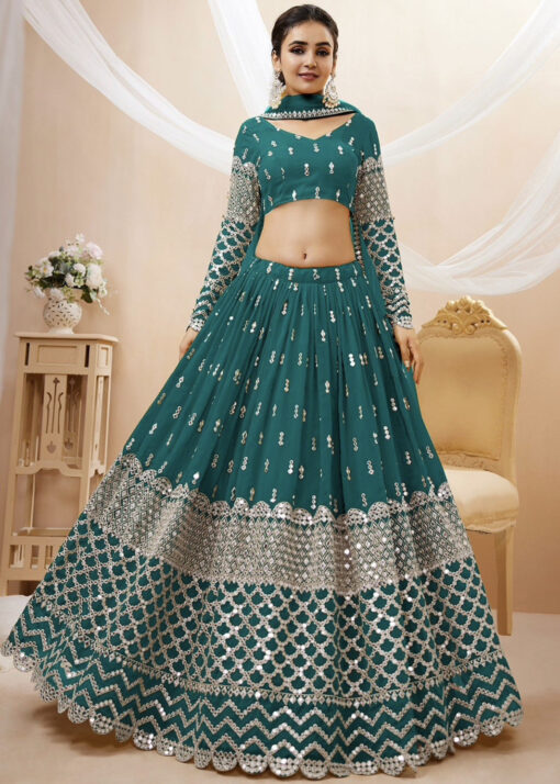 Teal Georgette Embellished Lehenga Choli