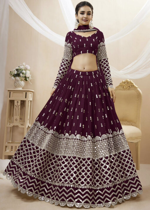 Wine Georgette Embellished Lehenga Choli