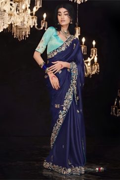 Navy Blue Fancy Embroidered Wedding Saree