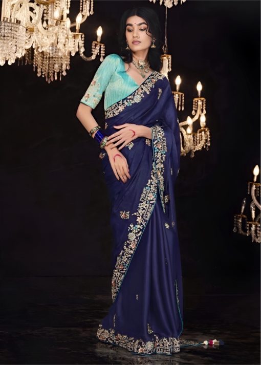 Navy Blue Fancy Embroidered Wedding Saree