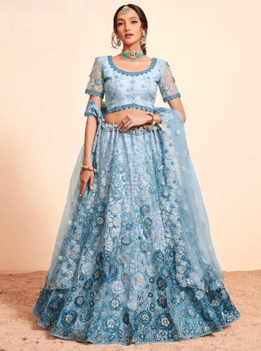 Shaded Blue Net Bridal Lehenga Choli