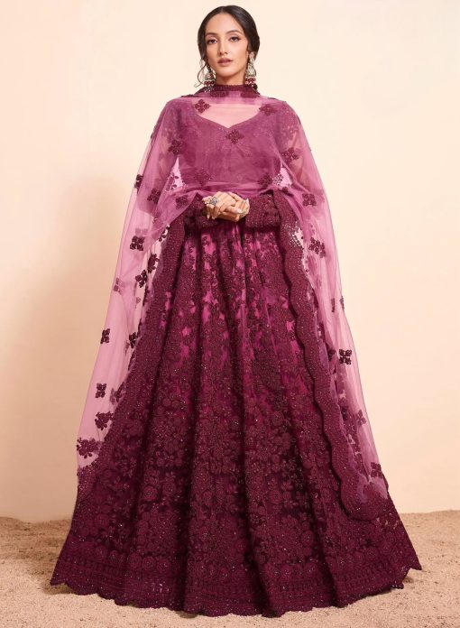 Wine Net Bridal Lehenga Choli