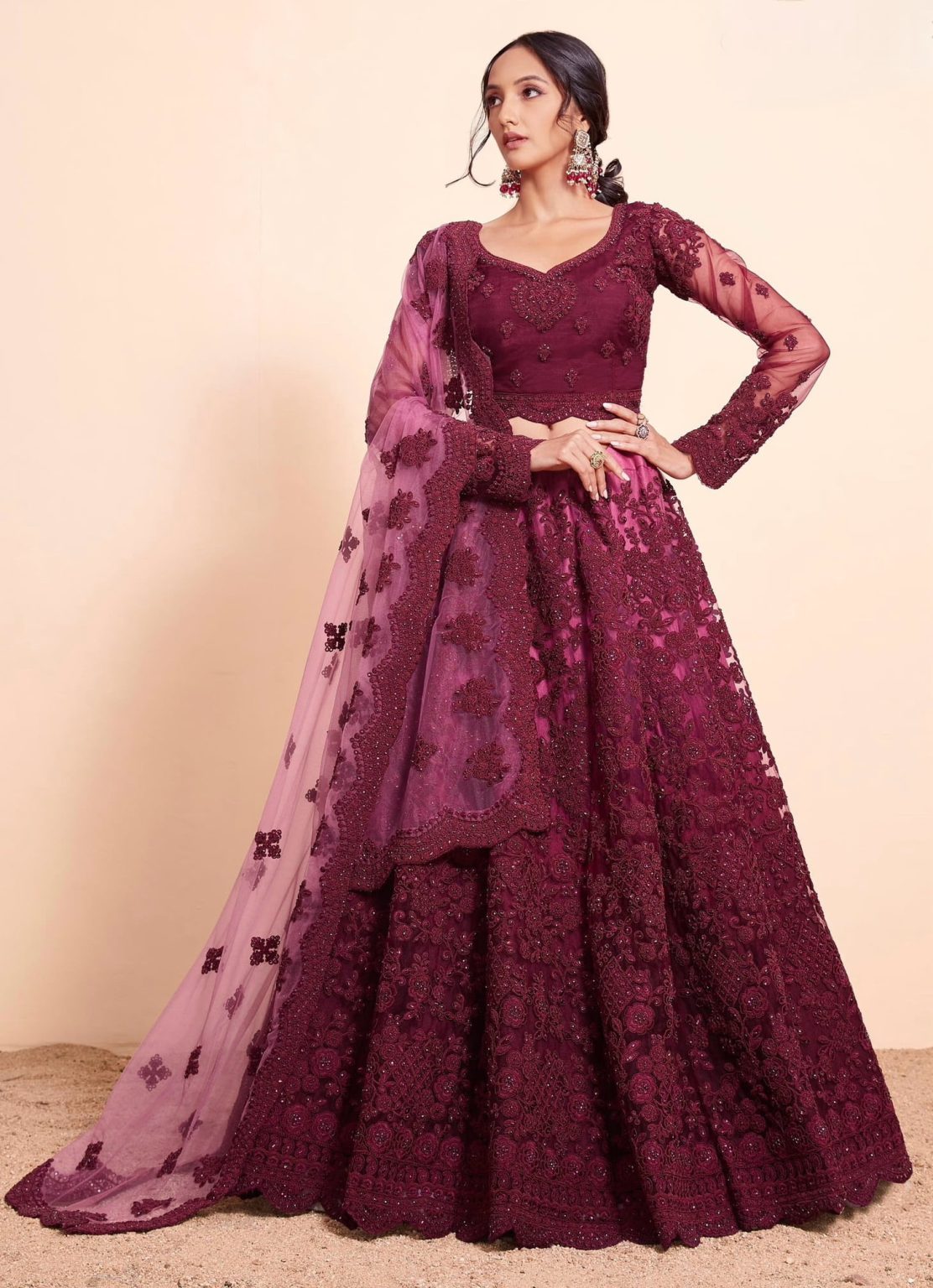 Wine Net Embroidered Wedding Lehenga Choli