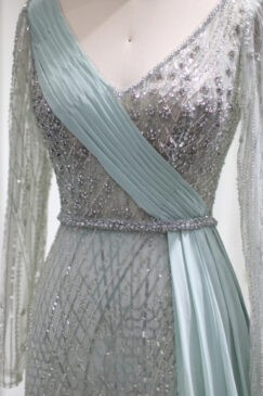 Alternative view of Elegant Long Sleeve Sequin Embellished Evening Bridal Party Dress With Skirt Drape