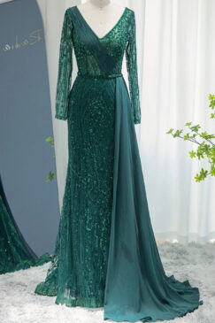 Elegant Long Sleeve Sequin Embellished Evening Bridal Party Dress With Skirt Drape
