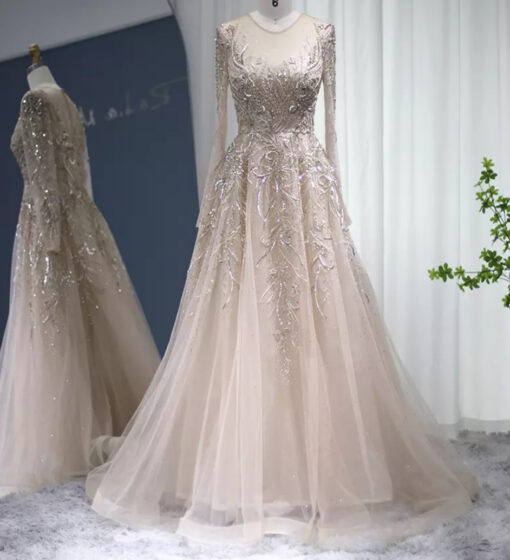 Elegant Long Sleeve A-line Embellished Evening Bridal Party Dress