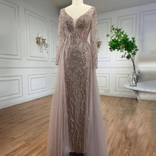 Elegant Long Sleeve Sequin Embellished Evening Bridal Party Dress With Train