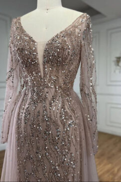 Alternative view of Elegant Long Sleeve Sequin Embellished Evening Bridal Party Dress With Train