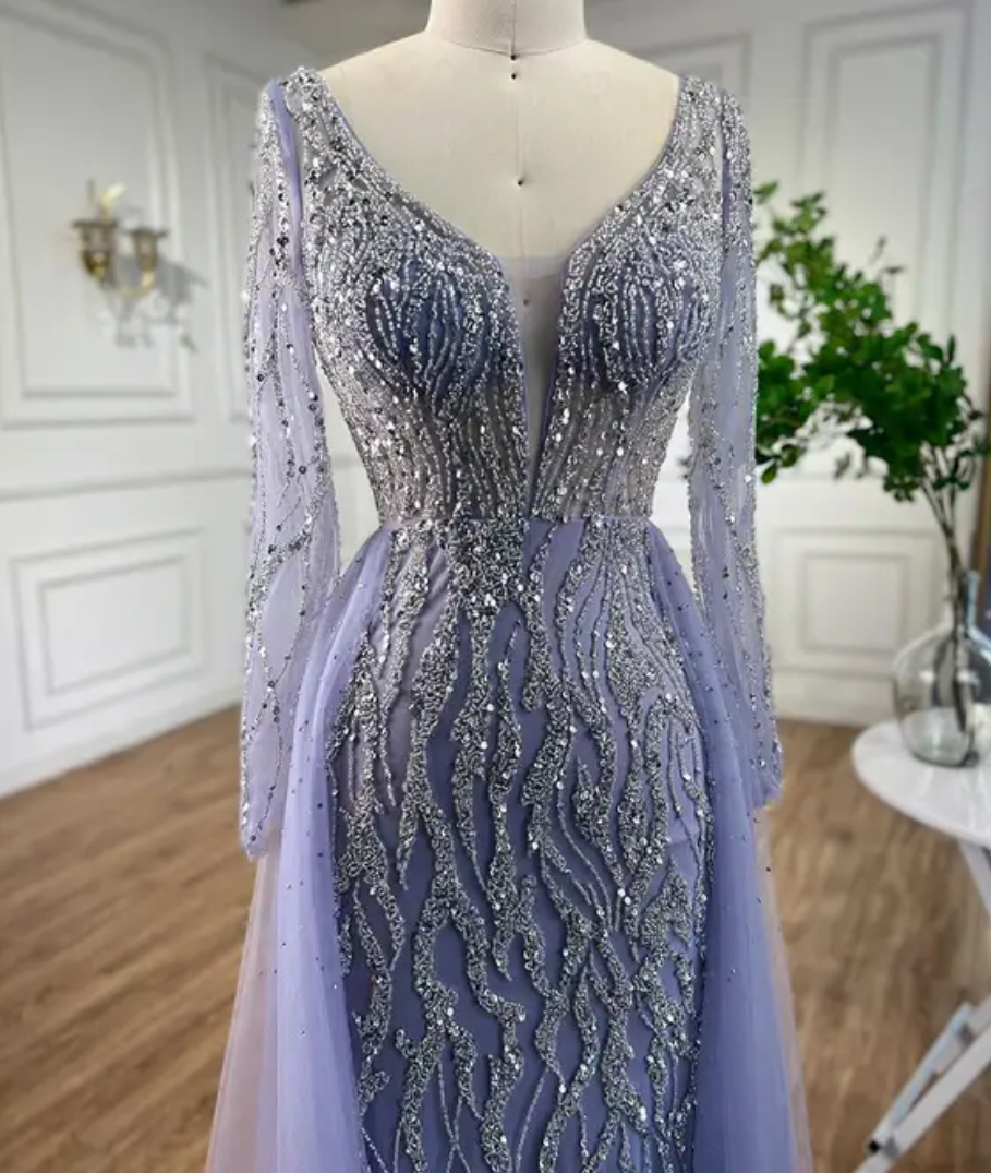 Elegant Long Sleeve Sequin Embellished Evening Bridal Party Dress With Train Evening Dresses Made To Order Designer Collection