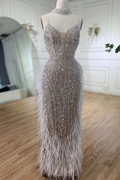 Luxury Nude White Feathered Sequin Embellished Evening Bridal Party Dress