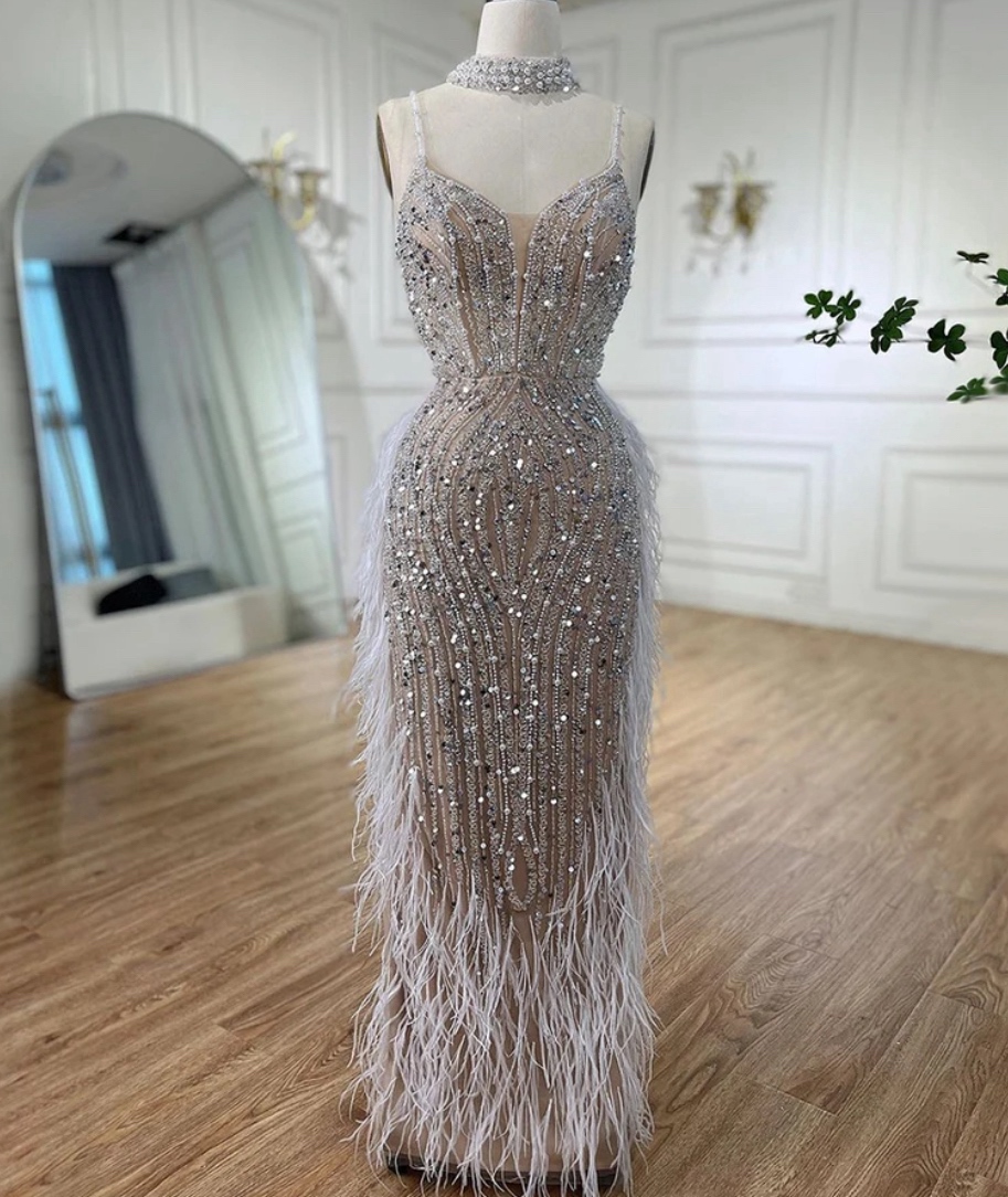 Luxury Nude White Feathered Sequin Embellished Evening Bridal Party ...