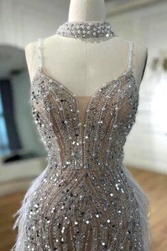 Alternative view of Luxury Nude White Feathered Sequin Embellished Evening Bridal Party Dress