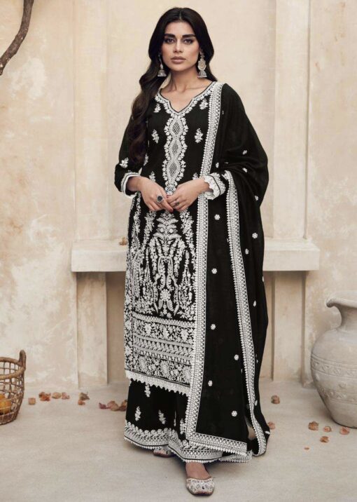 Black Embroidered Silk Palazzo Suit