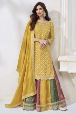 Yellow Chinon Long Choli Lehenga Suit