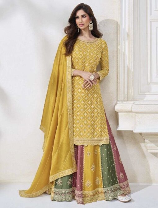 Yellow Chinon Long Choli Lehenga Suit