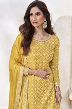 Alternative view of Yellow Chinon Long Choli Lehenga Suit